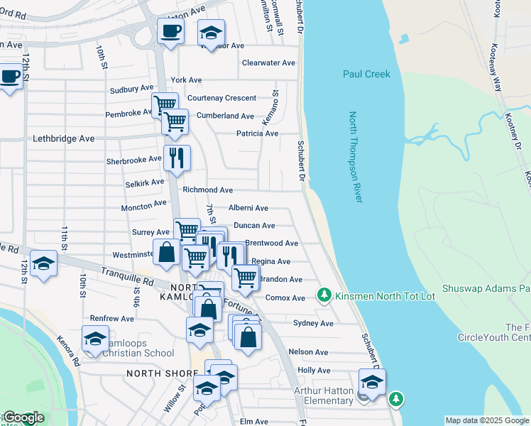 map of restaurants, bars, coffee shops, grocery stores, and more near 635 Richmond Avenue in Kamloops