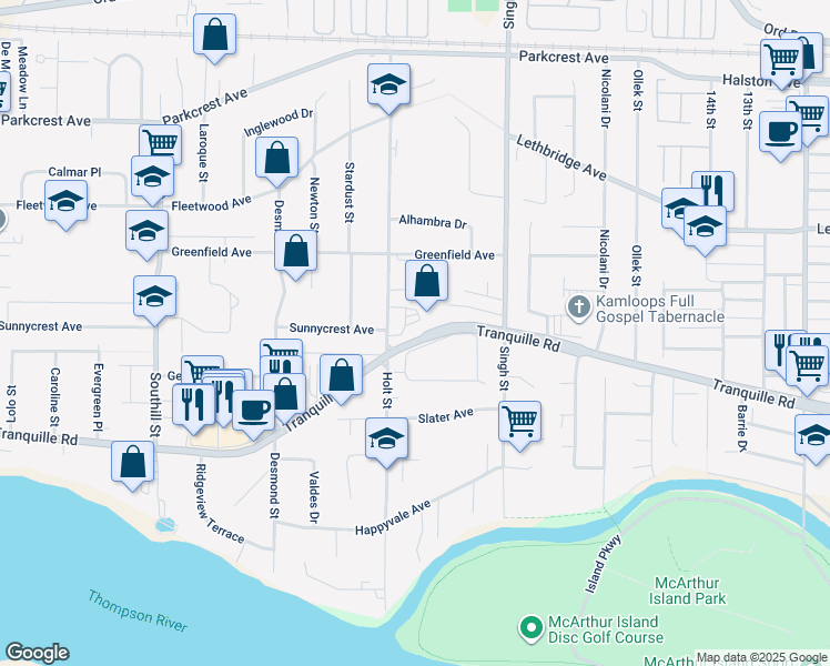 map of restaurants, bars, coffee shops, grocery stores, and more near 1658 Tranquille Road in Kamloops