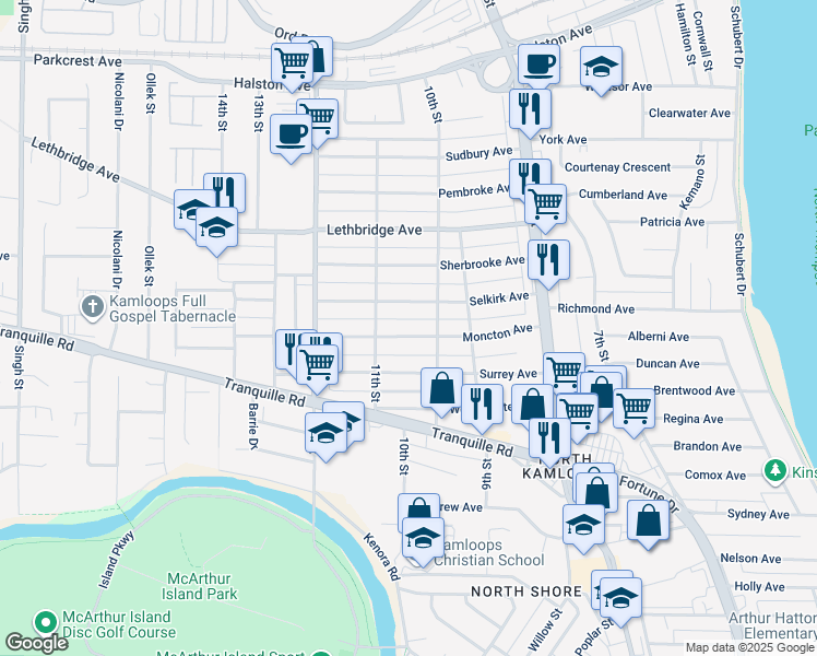 map of restaurants, bars, coffee shops, grocery stores, and more near 1036 Moncton Avenue in Kamloops