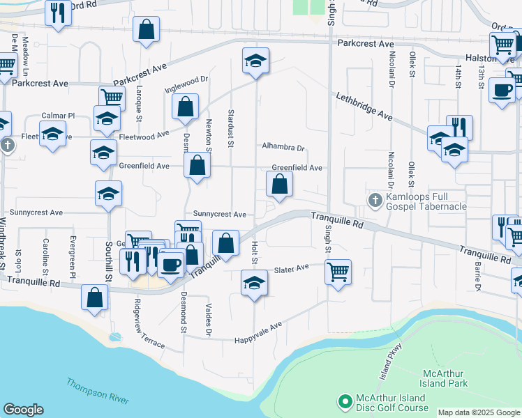 map of restaurants, bars, coffee shops, grocery stores, and more near 805 Holt Street in Kamloops