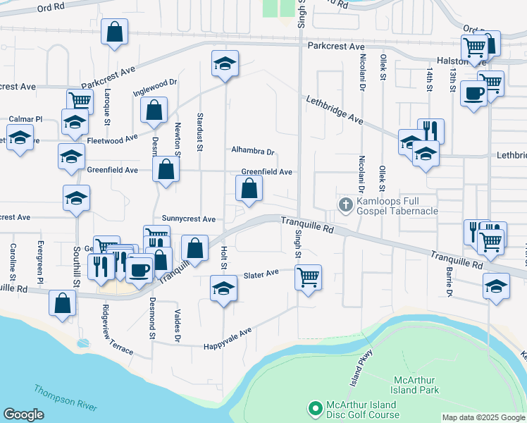 map of restaurants, bars, coffee shops, grocery stores, and more near 1650 Tranquille Road in Kamloops