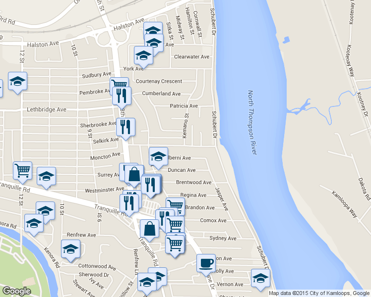 map of restaurants, bars, coffee shops, grocery stores, and more near 635 Richmond Avenue in Kamloops
