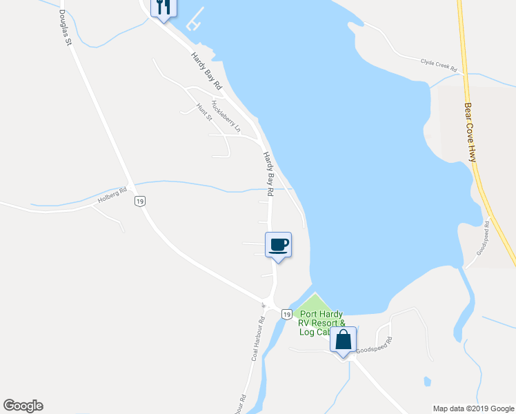 map of restaurants, bars, coffee shops, grocery stores, and more near 8335 Camelot Road in Port Hardy