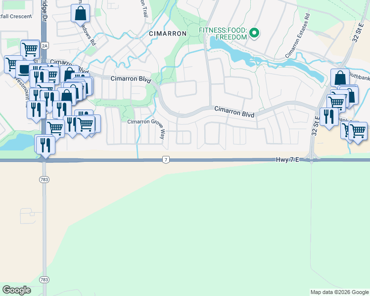map of restaurants, bars, coffee shops, grocery stores, and more near 129 Cimarron Grove Circle in Okotoks