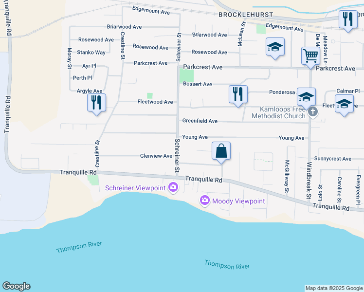 map of restaurants, bars, coffee shops, grocery stores, and more near 871 Schreiner Street in Kamloops