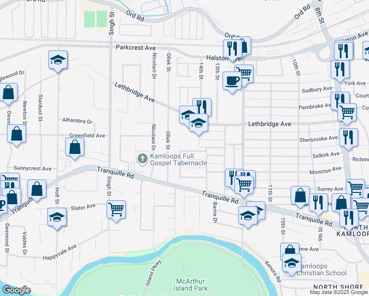 map of restaurants, bars, coffee shops, grocery stores, and more near 800 Valhalla Drive in Kamloops