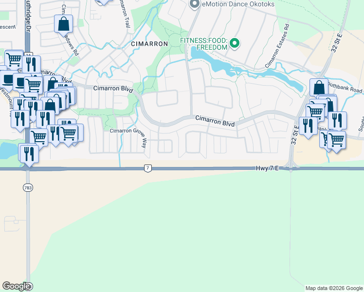 map of restaurants, bars, coffee shops, grocery stores, and more near 43 Cimarron Vista Circle in Okotoks