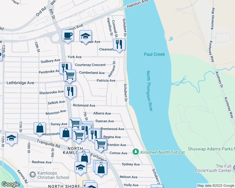 map of restaurants, bars, coffee shops, grocery stores, and more near 1044 Dundas Street in Kamloops
