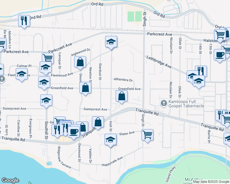 map of restaurants, bars, coffee shops, grocery stores, and more near 1697 Greenfield Avenue in Kamloops