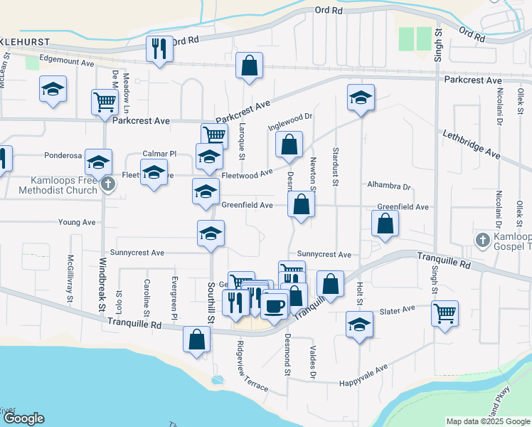 map of restaurants, bars, coffee shops, grocery stores, and more near 1835 Greenfield Avenue in Kamloops