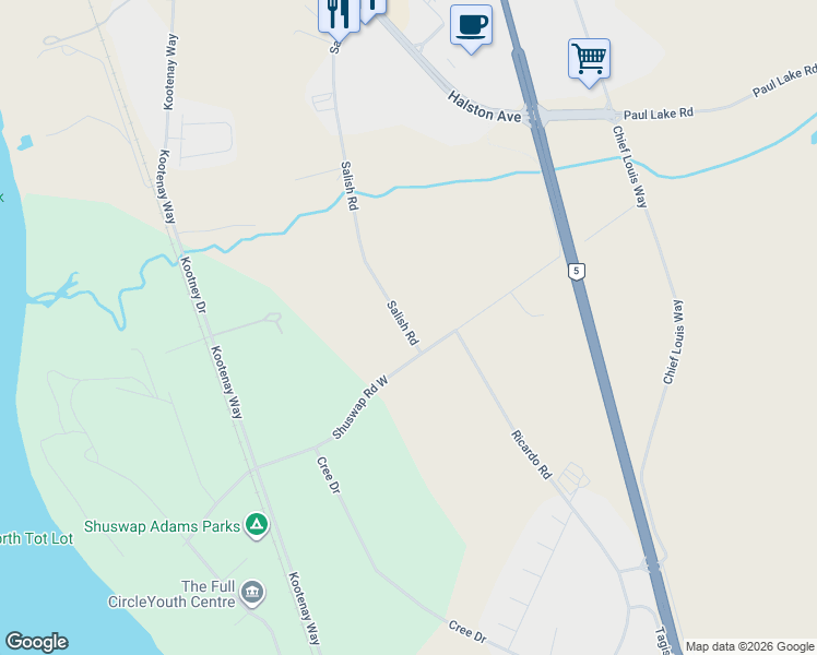 map of restaurants, bars, coffee shops, grocery stores, and more near 1203 Salish Road in Kamloops