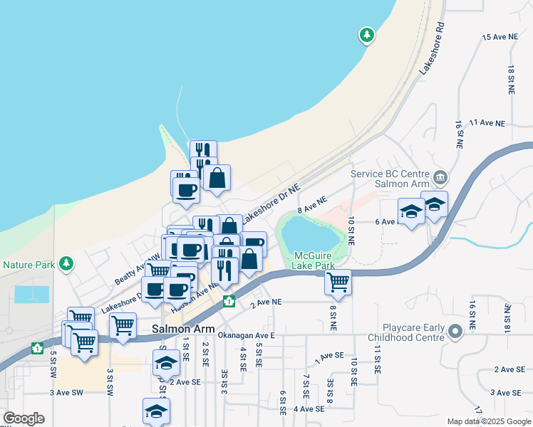map of restaurants, bars, coffee shops, grocery stores, and more near 620 6th Street Northeast in Salmon Arm