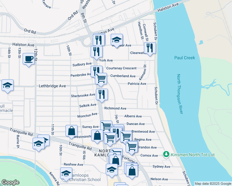 map of restaurants, bars, coffee shops, grocery stores, and more near 1062 7th Street in Kamloops