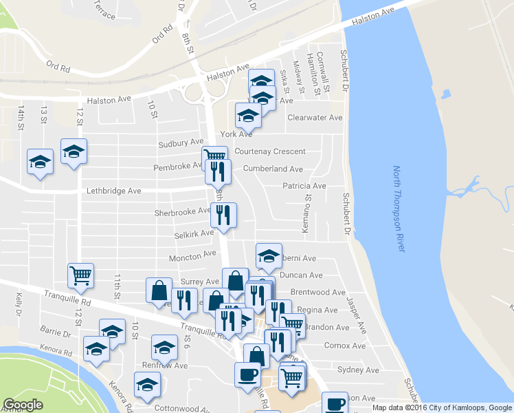 map of restaurants, bars, coffee shops, grocery stores, and more near 1062 7th Street in Kamloops