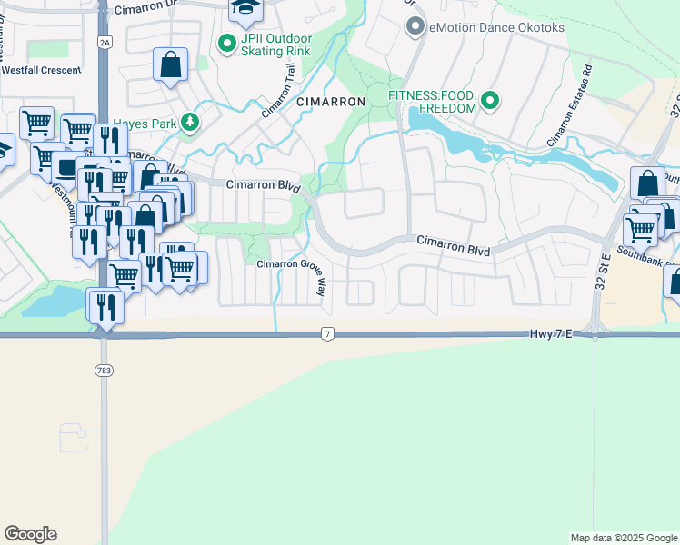 map of restaurants, bars, coffee shops, grocery stores, and more near 9 Cimarron Grove Gate in Okotoks
