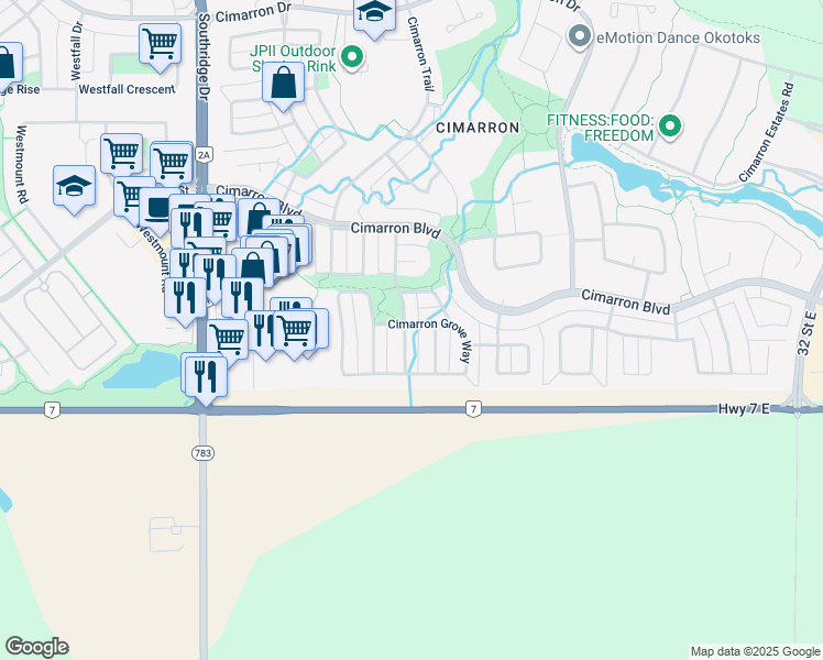map of restaurants, bars, coffee shops, grocery stores, and more near 52 Cimarron Grove Drive in Okotoks