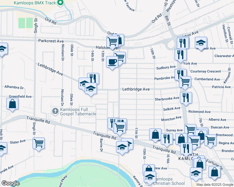 map of restaurants, bars, coffee shops, grocery stores, and more near 1075 12 Street in Kamloops