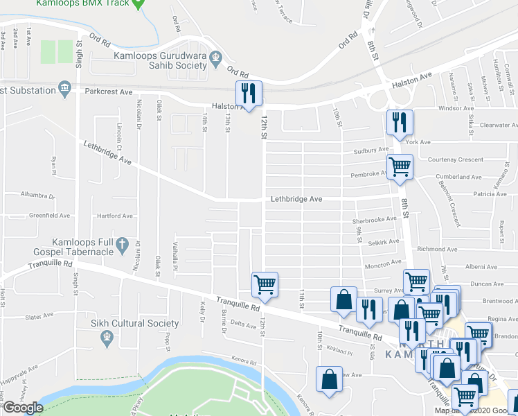 map of restaurants, bars, coffee shops, grocery stores, and more near 1268 Sherbrooke Avenue in Kamloops