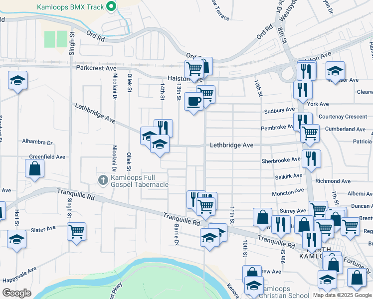 map of restaurants, bars, coffee shops, grocery stores, and more near 13 Street in Kamloops