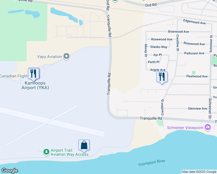 map of restaurants, bars, coffee shops, grocery stores, and more near Tranquille Road in Kamloops