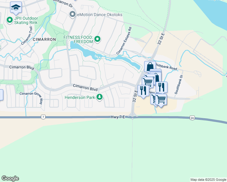 map of restaurants, bars, coffee shops, grocery stores, and more near 335 Cimarron Vista Way in Okotoks