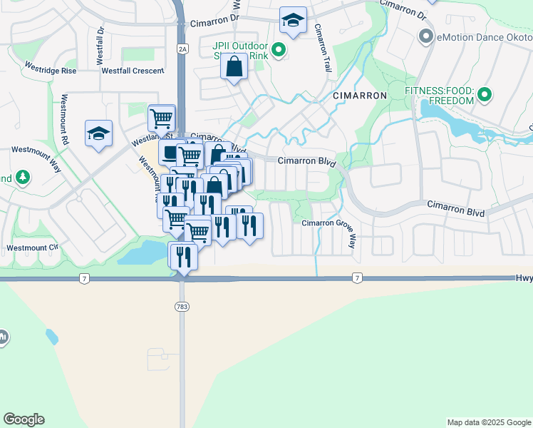 map of restaurants, bars, coffee shops, grocery stores, and more near 57 Cimarron Grove Close in Okotoks