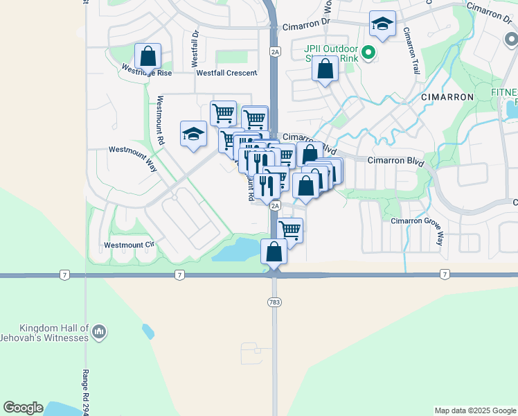 map of restaurants, bars, coffee shops, grocery stores, and more near 200 Southridge Drive in Okotoks