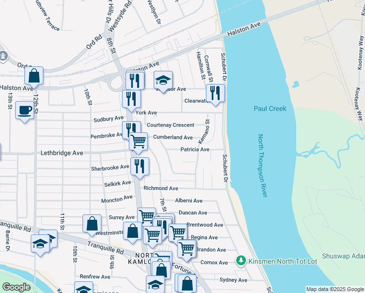 map of restaurants, bars, coffee shops, grocery stores, and more near 675 Cumberland Avenue in Kamloops