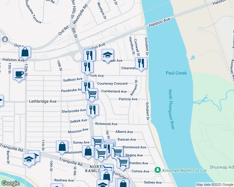 map of restaurants, bars, coffee shops, grocery stores, and more near 675 Cumberland Avenue in Kamloops