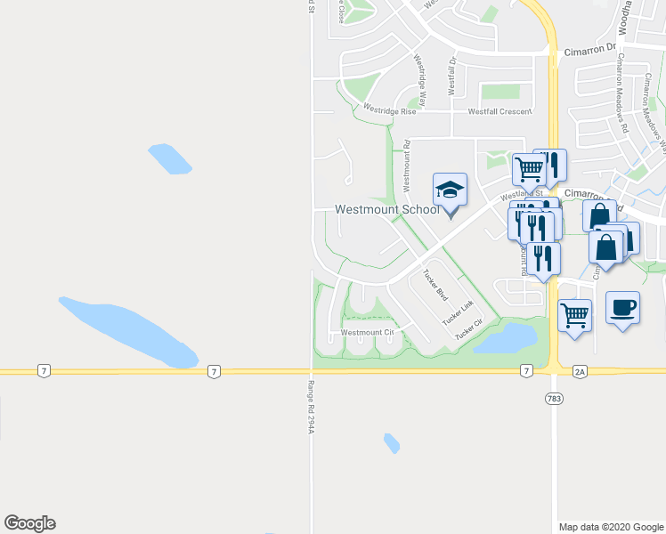 map of restaurants, bars, coffee shops, grocery stores, and more near 168 Westland Street in Okotoks