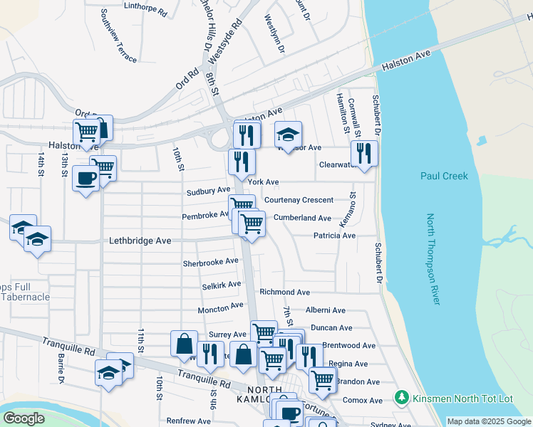 map of restaurants, bars, coffee shops, grocery stores, and more near 754 Cumberland Avenue in Kamloops