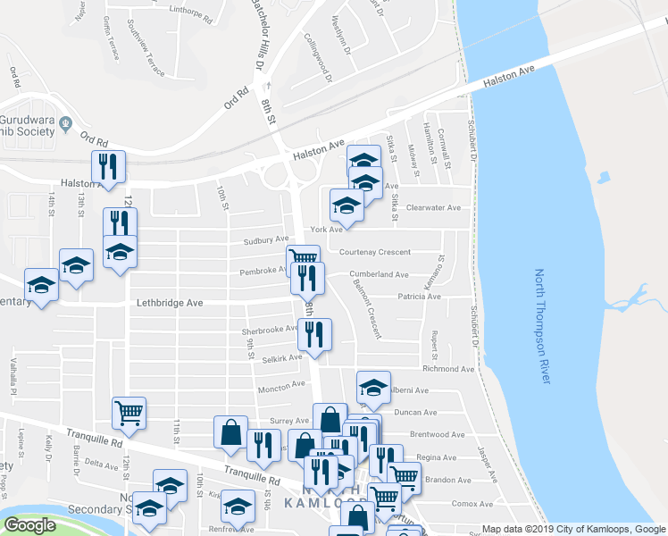 map of restaurants, bars, coffee shops, grocery stores, and more near 754 Cumberland Avenue in Kamloops