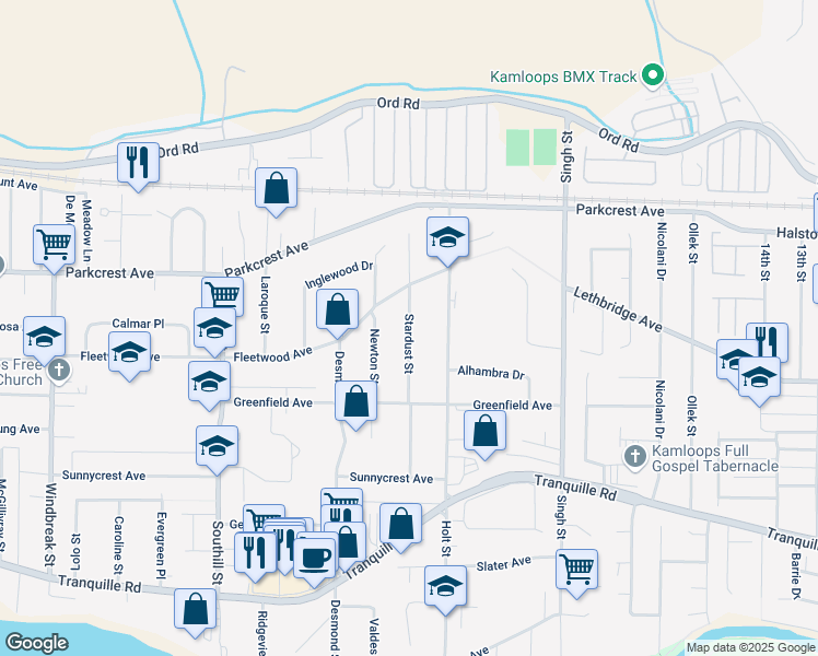 map of restaurants, bars, coffee shops, grocery stores, and more near Stardust Street in Kamloops