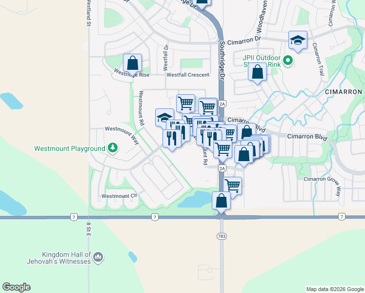 map of restaurants, bars, coffee shops, grocery stores, and more near 200 Southridge Drive in Okotoks