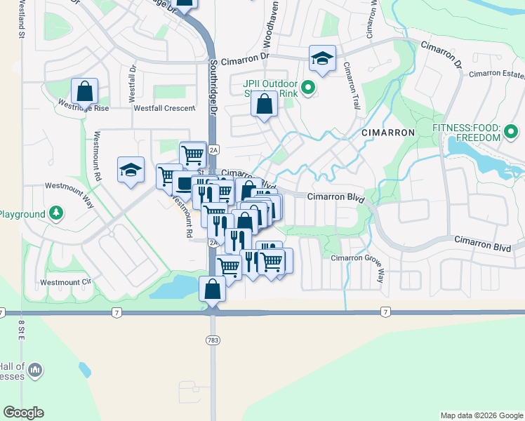 map of restaurants, bars, coffee shops, grocery stores, and more near 12 Cimarron Common in Okotoks