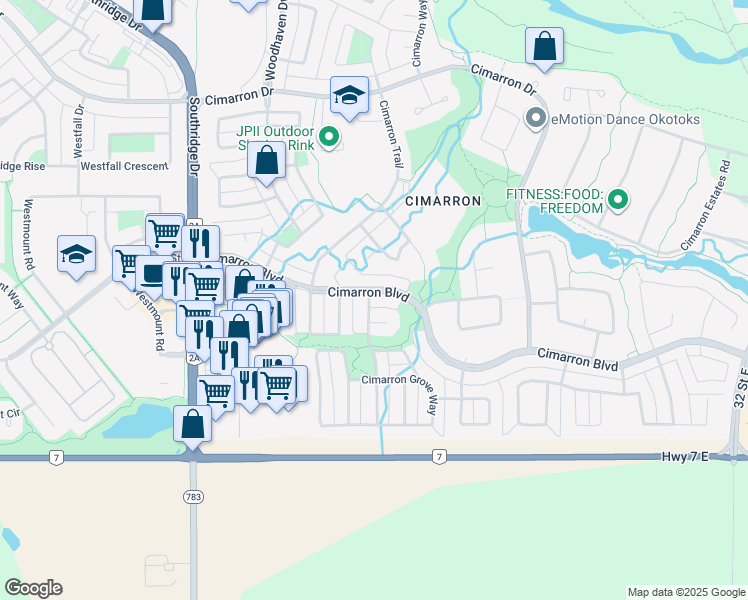 map of restaurants, bars, coffee shops, grocery stores, and more near 291 Cimarron Boulevard in Okotoks