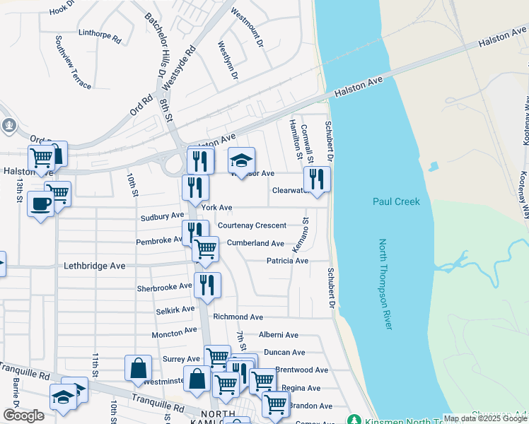 map of restaurants, bars, coffee shops, grocery stores, and more near 683 York Avenue in Kamloops