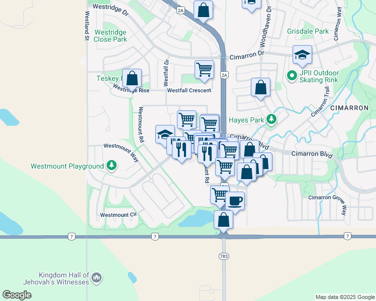 map of restaurants, bars, coffee shops, grocery stores, and more near 200 Southridge Drive in Okotoks