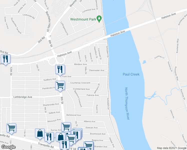 map of restaurants, bars, coffee shops, grocery stores, and more near 654 York Avenue in Kamloops
