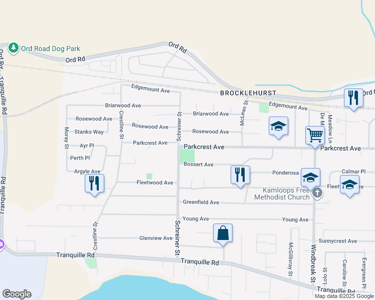map of restaurants, bars, coffee shops, grocery stores, and more near 2393 Parkcrest Avenue in Kamloops