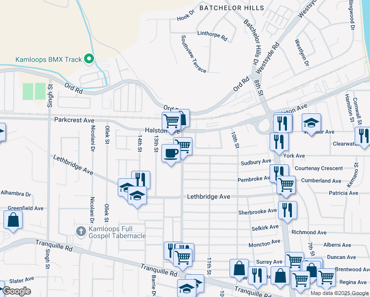 map of restaurants, bars, coffee shops, grocery stores, and more near 1256 12 Street in Kamloops