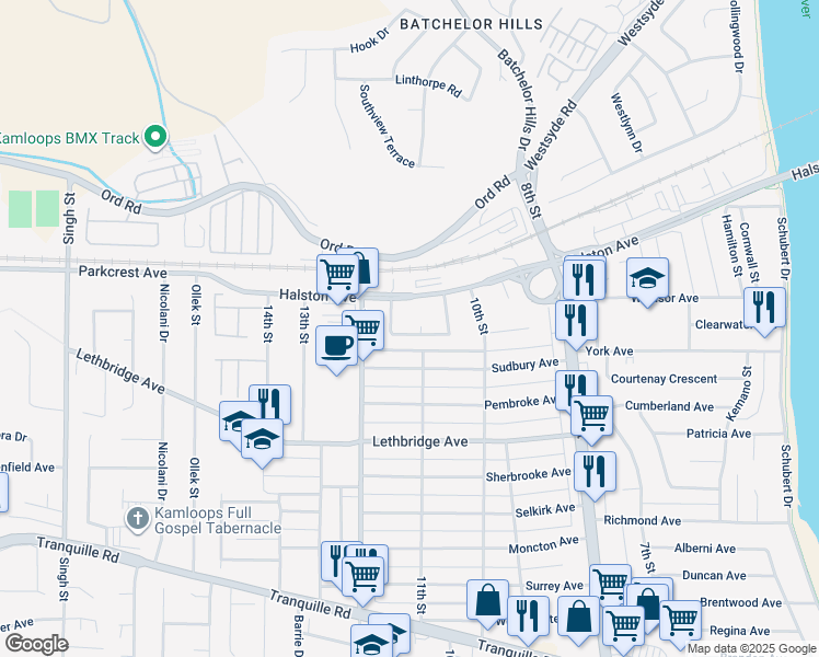 map of restaurants, bars, coffee shops, grocery stores, and more near 1278 Kimberley Crescent in Kamloops