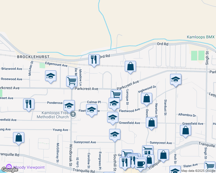 map of restaurants, bars, coffee shops, grocery stores, and more near 1937 Parkcrest Avenue in Kamloops