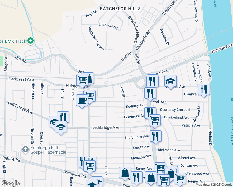 map of restaurants, bars, coffee shops, grocery stores, and more near 1241 Kimberley Crescent in Kamloops