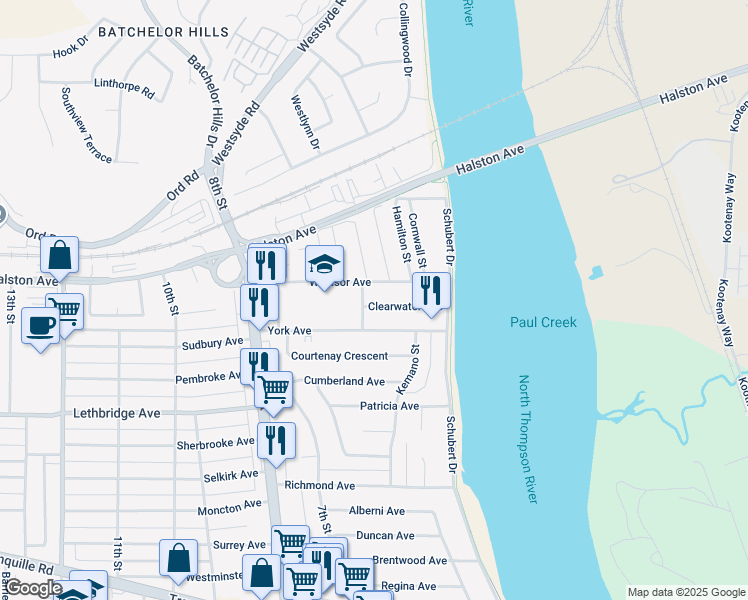 map of restaurants, bars, coffee shops, grocery stores, and more near 654 York Avenue in Kamloops