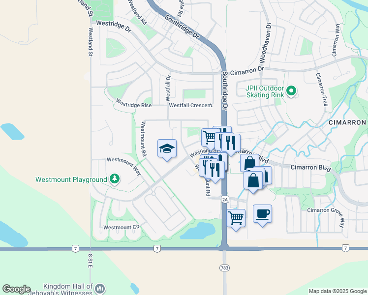 map of restaurants, bars, coffee shops, grocery stores, and more near Westmount Road in Okotoks