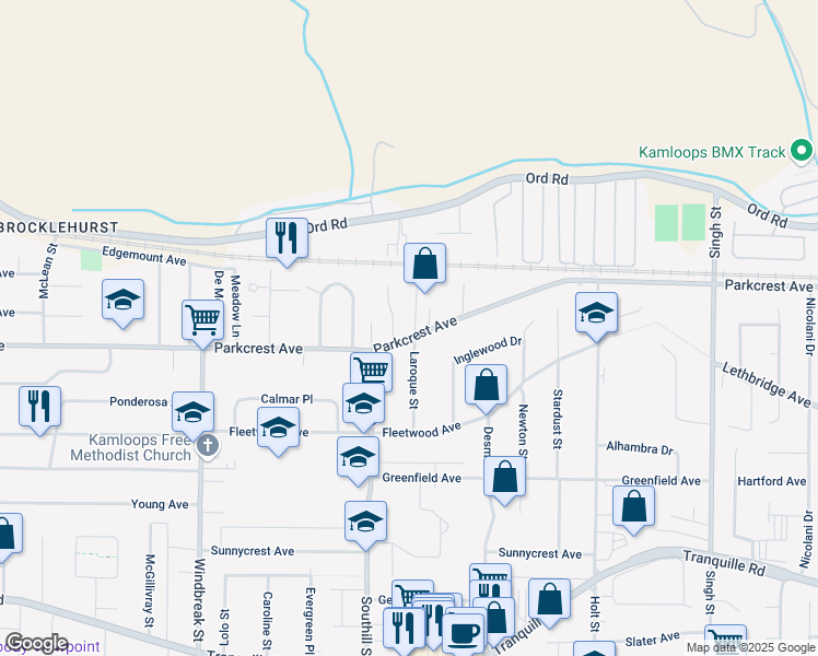 map of restaurants, bars, coffee shops, grocery stores, and more near 1150 Laroque Street in Kamloops