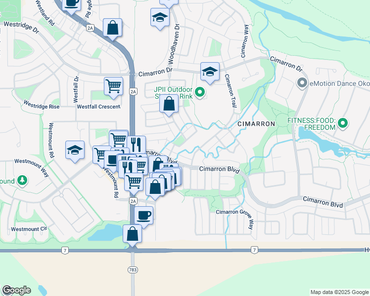 map of restaurants, bars, coffee shops, grocery stores, and more near 102 Cimarron Meadows Way in Okotoks