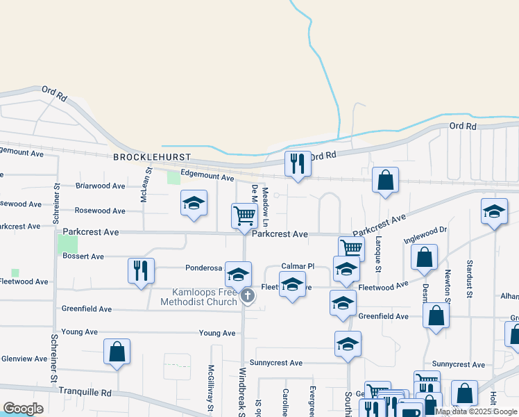 map of restaurants, bars, coffee shops, grocery stores, and more near 1153 De Monte Street in Kamloops