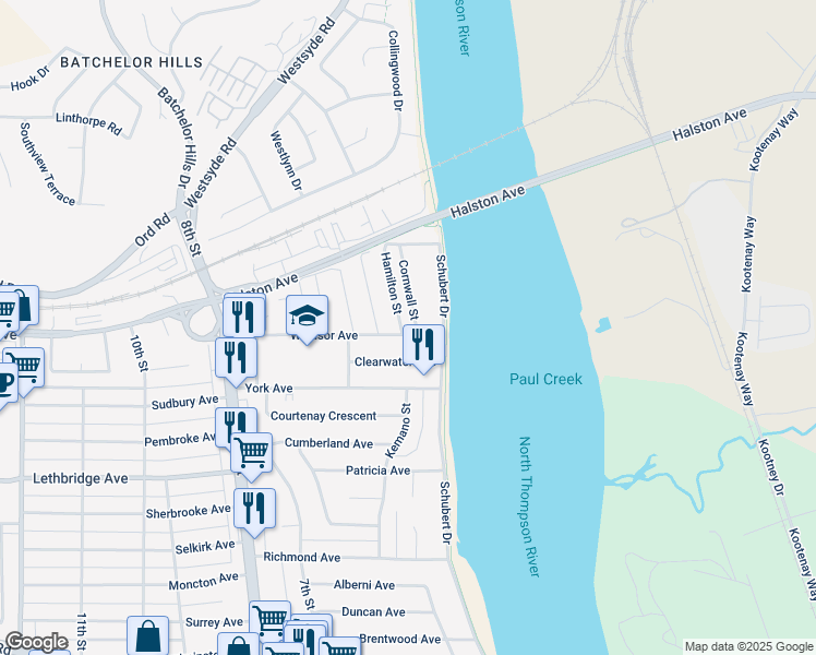 map of restaurants, bars, coffee shops, grocery stores, and more near 1302 Cornwall Street in Kamloops